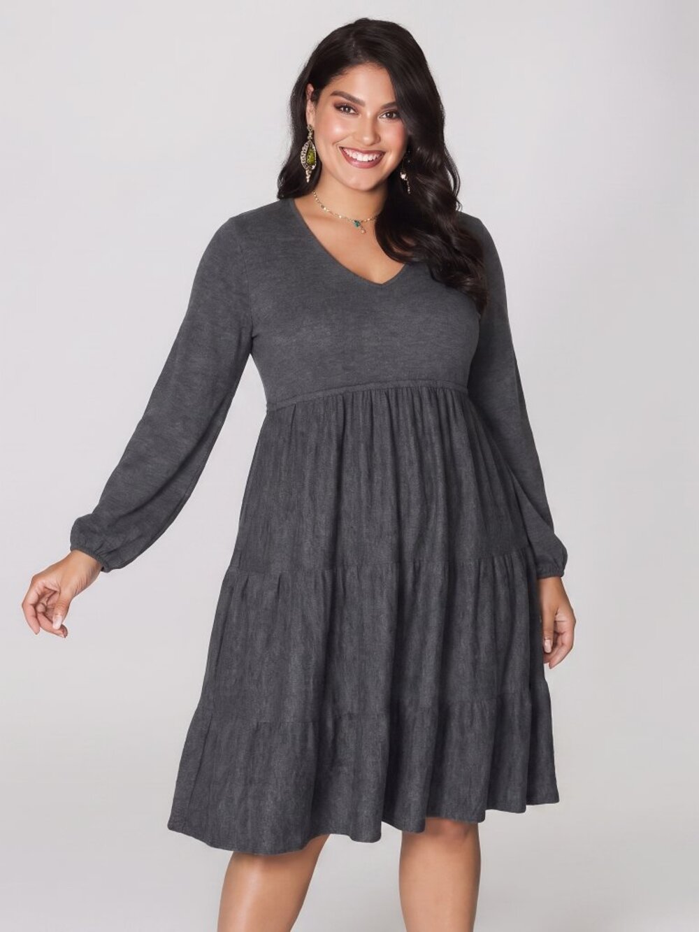 Max Studio Gray V-Neck Long Sleeve Midi Sweater Dress